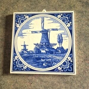 Vintage 4” DELFT Tile Holland Hand Painted Blue Windmill Scene 4.25” Tile/trivet